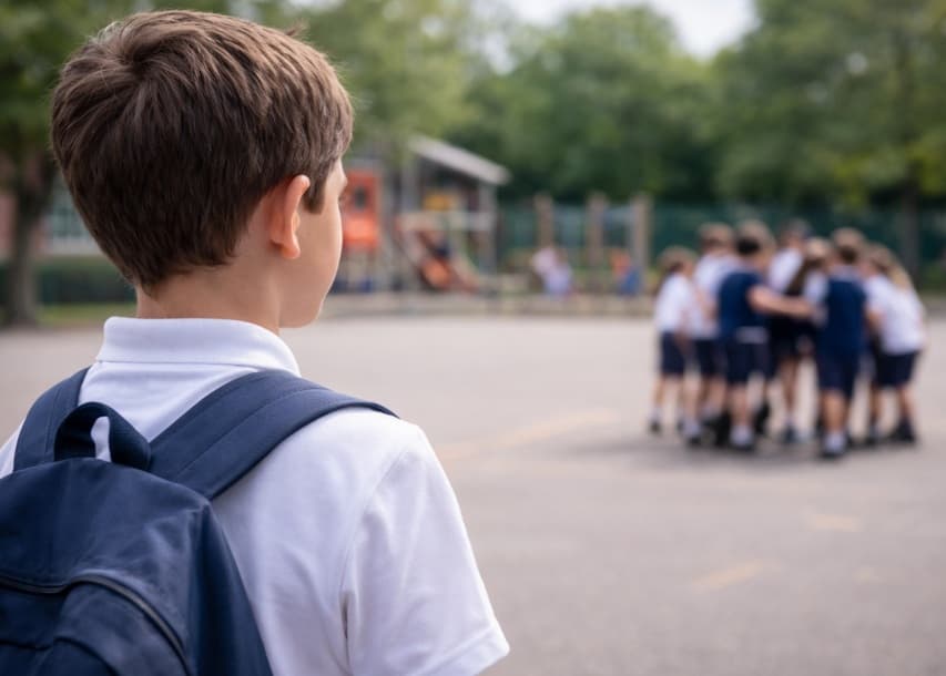A primary school pupil among classmates in the playground
