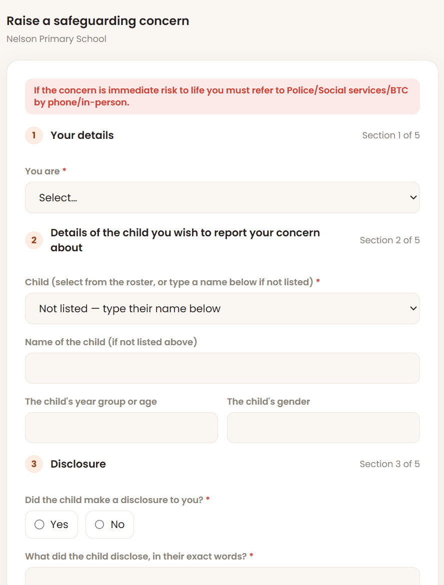 Figure 3 — Safeguarding concern form, as it appears on the Saturday School app